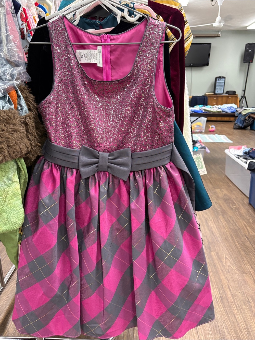 Bonnie Jean Pink and Gray Sparkle Plaid Dress